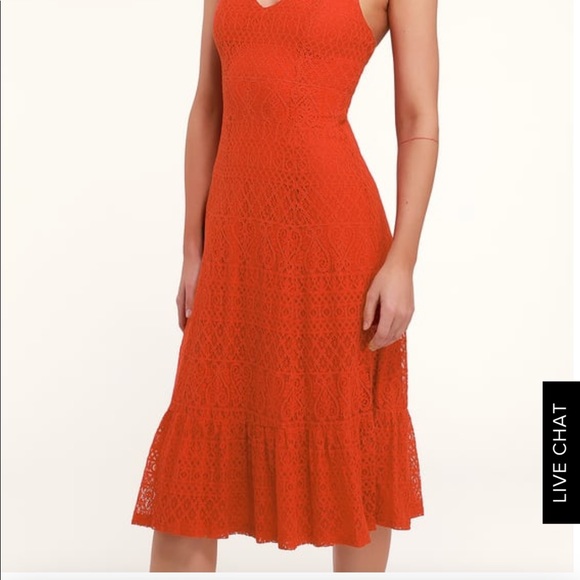 Orange lace midi dress with ruffle bottom - Picture 3 of 4